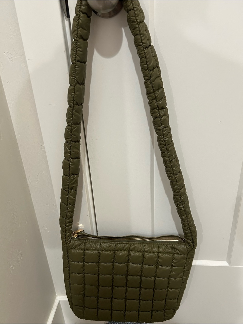 Katy Puffer Quilted Olive Green Shoulder Bag - Women